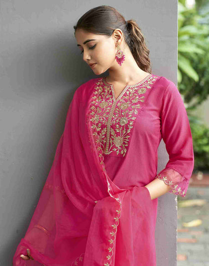 Pink Embroidered Chinnon Kurta Set With Dupatta