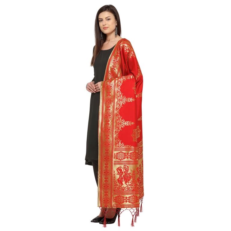 Red Coloured Poly Silk Jacqaurd Dupatta | Sudathi