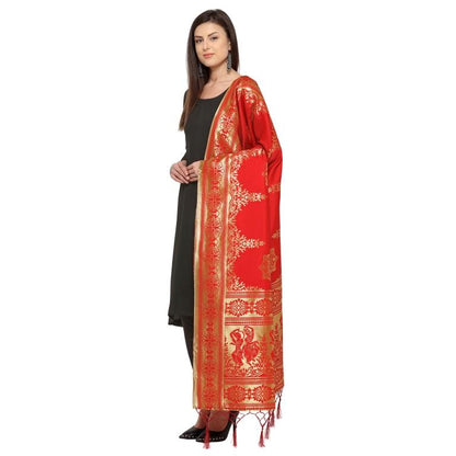 Red Coloured Poly Silk Jacqaurd Dupatta | Sudathi