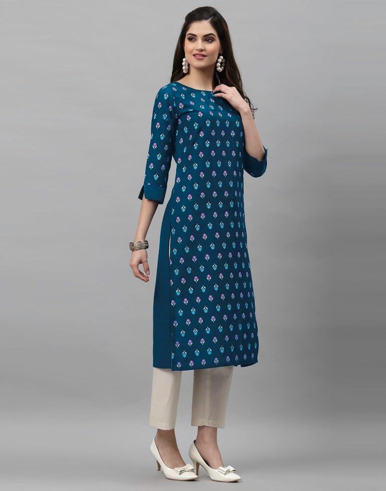 Teal Blue Printed Kurti | Sudathi