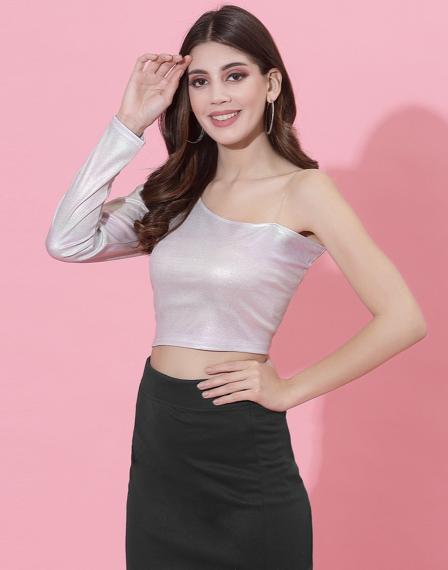 Silver Metallic One Shoulder Crop top | Leemboodi