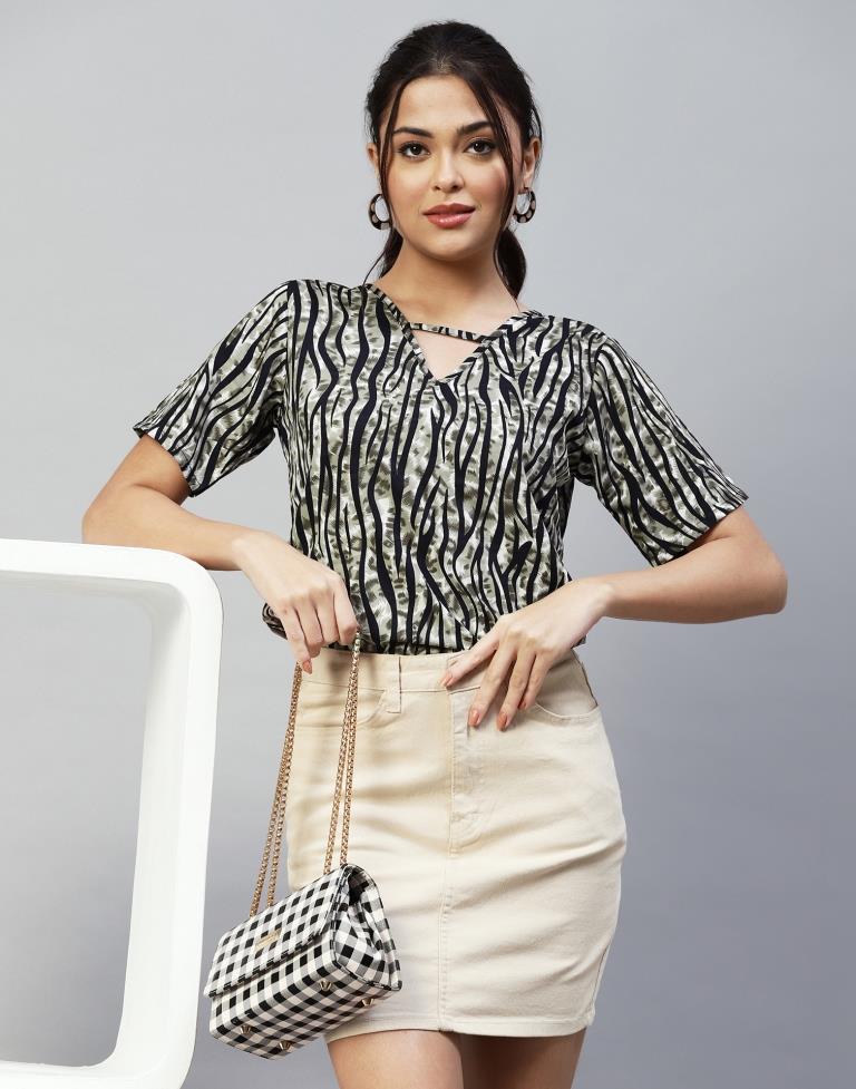 Olive Green And Black Animal Printed Top | Leemboodi