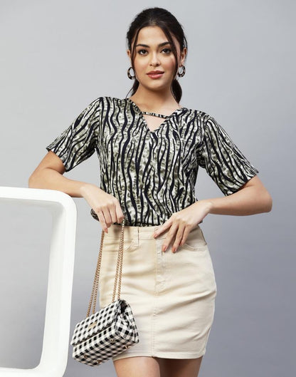 Olive Green And Black Animal Printed Top | Leemboodi