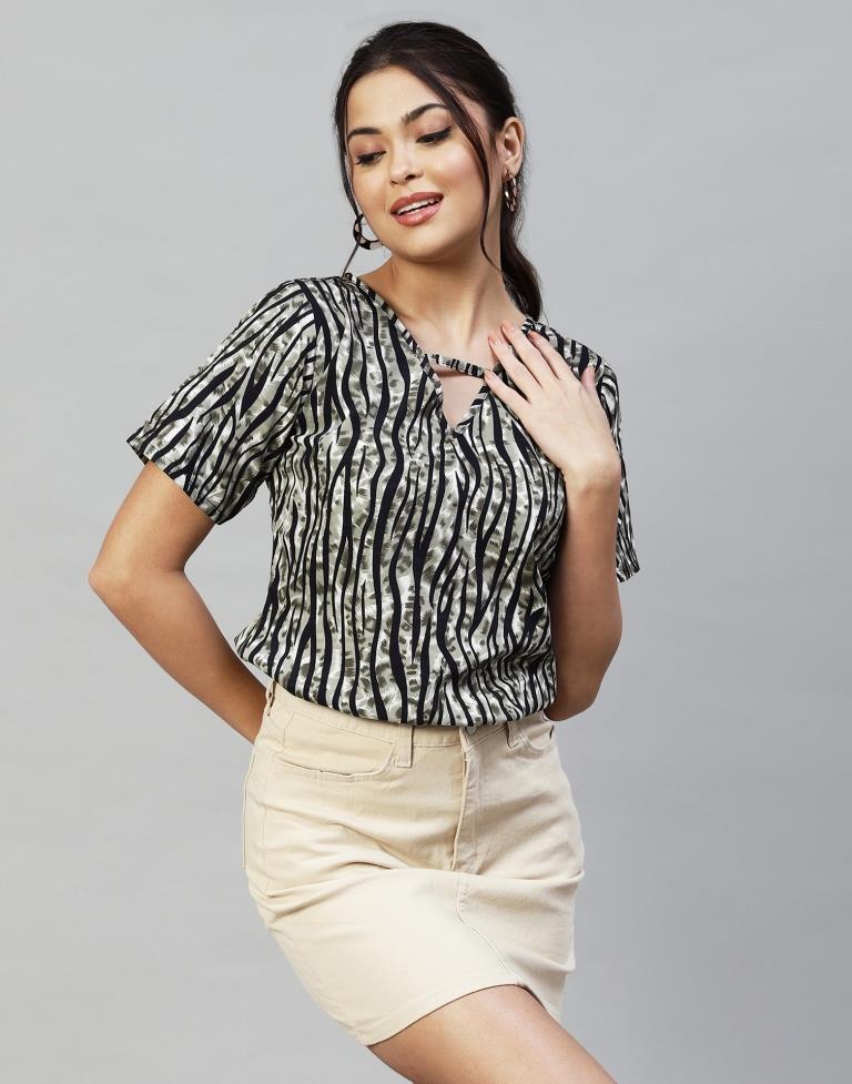 Olive Green And Black Animal Printed Top | Leemboodi