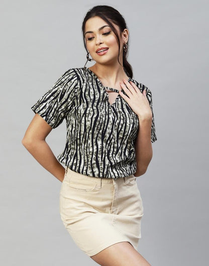 Olive Green And Black Animal Printed Top | Leemboodi