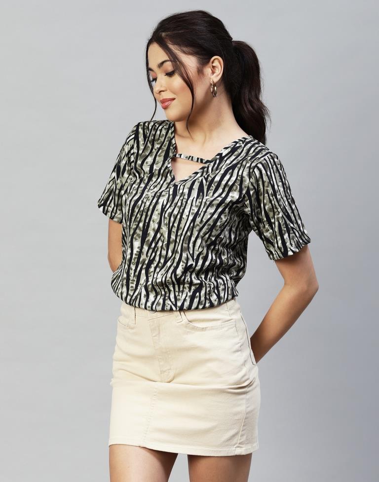 Olive Green And Black Animal Printed Top | Leemboodi