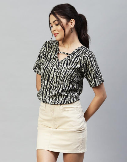 Olive Green And Black Animal Printed Top | Leemboodi