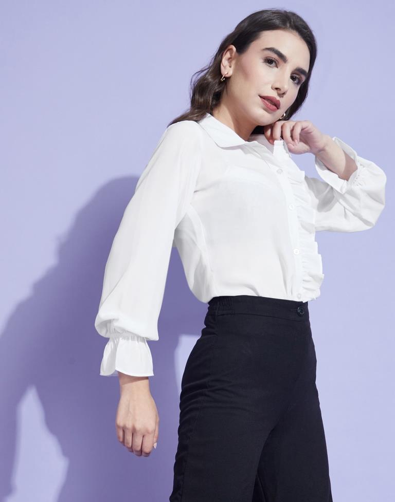 White Elastic Frill Sleeve Shirt | Leemboodi