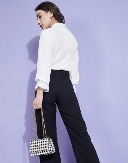 White Elastic Frill Sleeve Shirt | Leemboodi