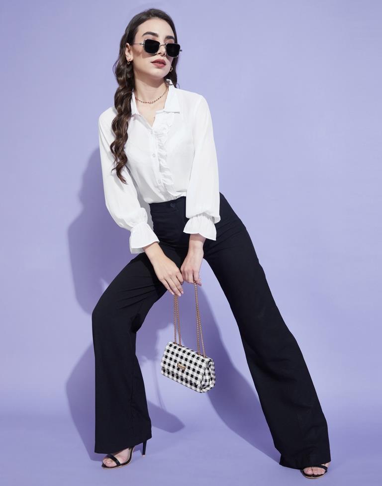White Elastic Frill Sleeve Shirt | Leemboodi