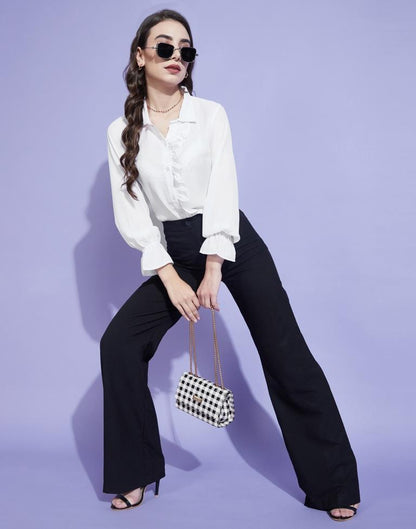 White Elastic Frill Sleeve Shirt | Leemboodi