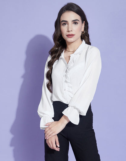 White Elastic Frill Sleeve Shirt | Leemboodi
