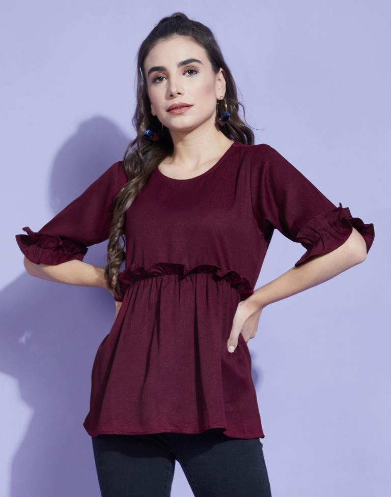 Wine Bell Sleeves Self Design Ruffles Top | Sudathi