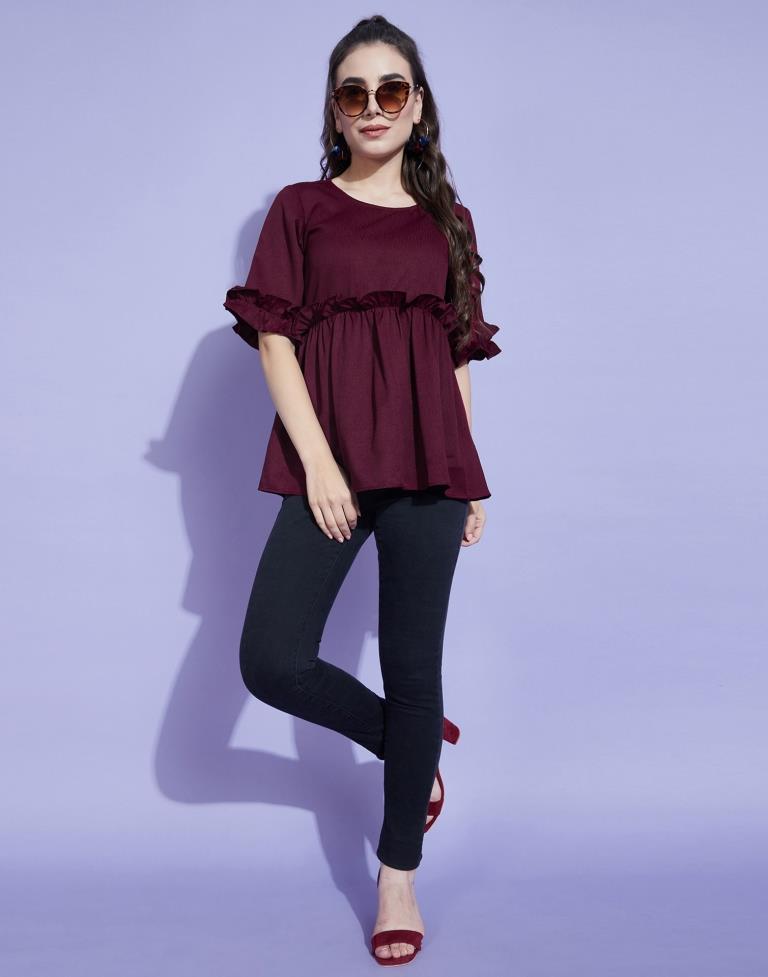 Wine Bell Sleeves Self Design Ruffles Top | Sudathi