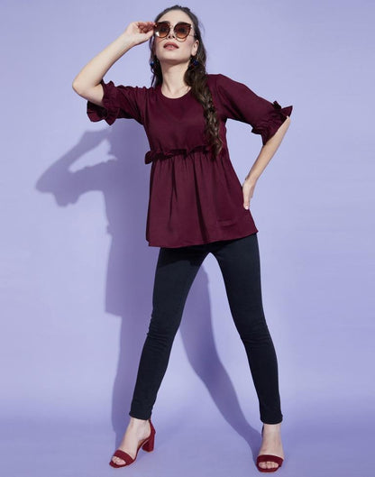 Wine Bell Sleeves Self Design Ruffles Top | Sudathi