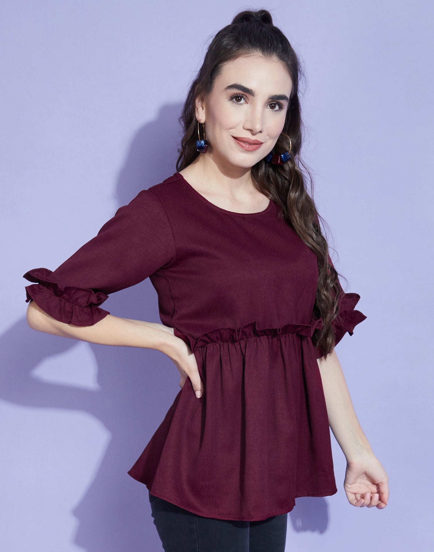 Wine Bell Sleeves Self Design Ruffles Top | Sudathi