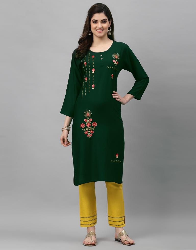 Bottle Green Embroidered Kurti | Leemboodi