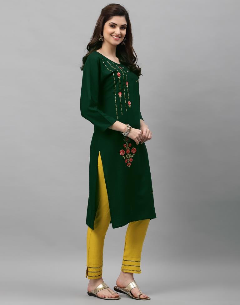 Bottle Green Embroidered Kurti | Leemboodi