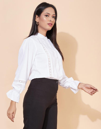 White Shiffli Bishop Sleeve Shirt | Sudathi