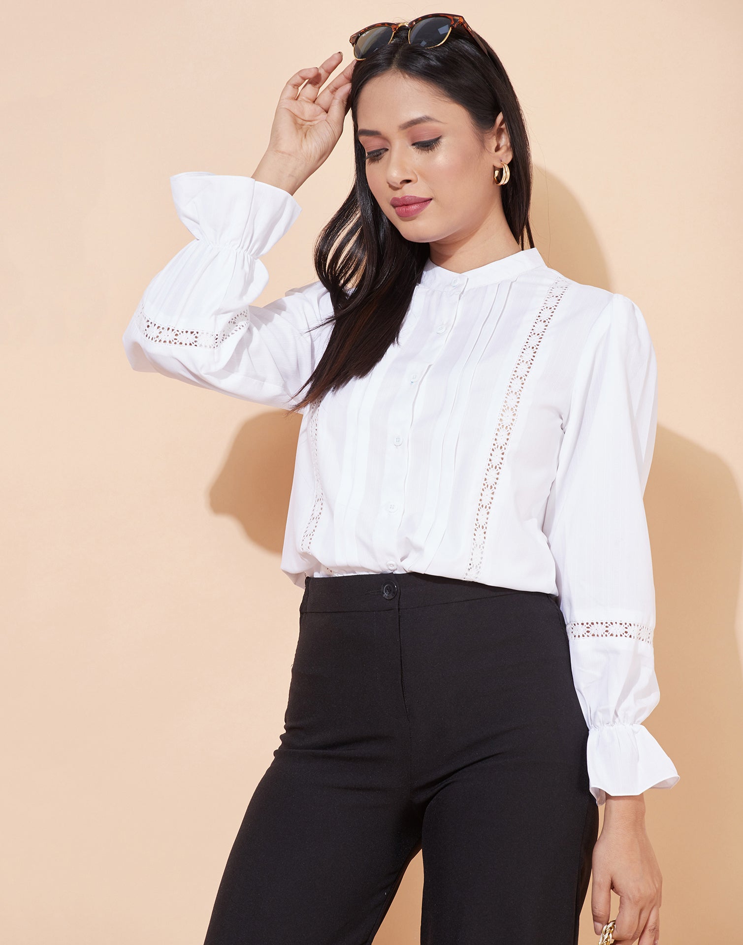 White Shiffli Bishop Sleeve Shirt | Sudathi