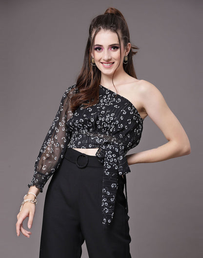 Black Chiffon One Shoulder Crop Top | Leemboodi