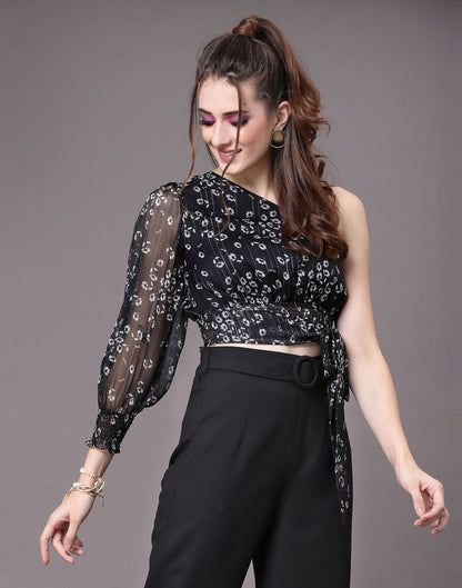 Black Chiffon One Shoulder Crop Top | Leemboodi