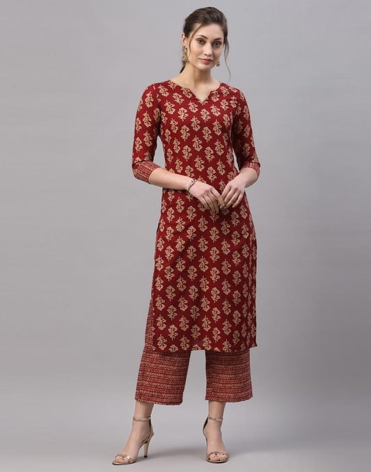 Dark Maroon Kurti With Pant Set | Leemboodi