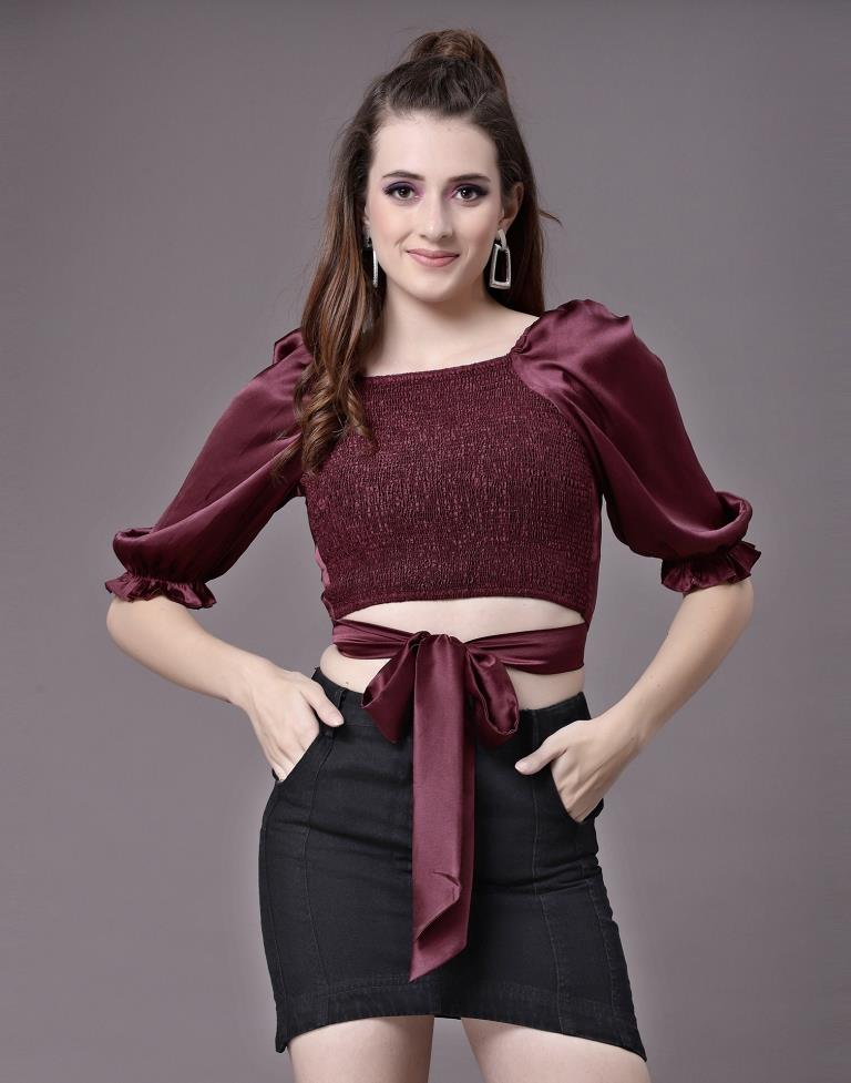 Wine Satin Smocked Top | Leemboodi