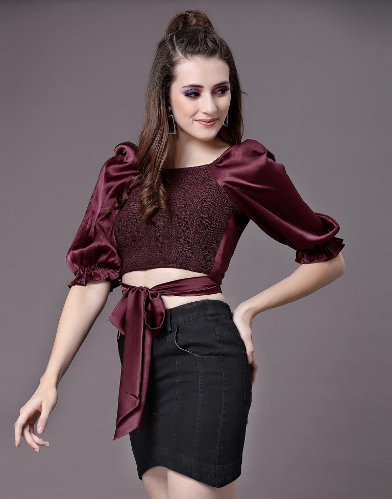 Wine Satin Smocked Top | Leemboodi