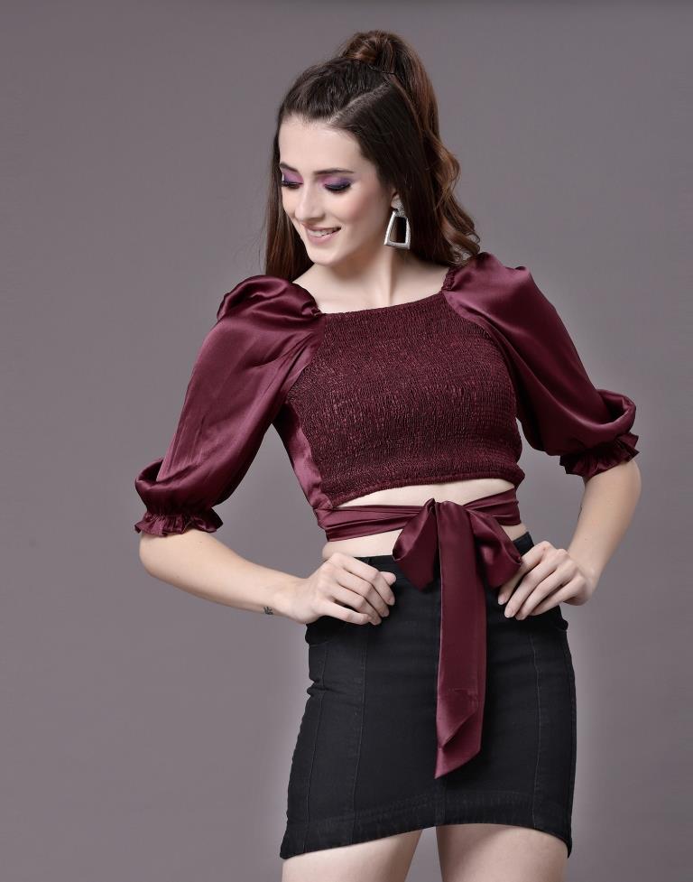 Wine Satin Smocked Top | Leemboodi