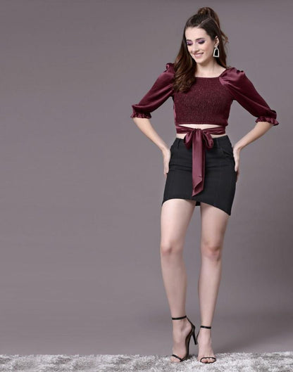 Wine Satin Smocked Top | Leemboodi