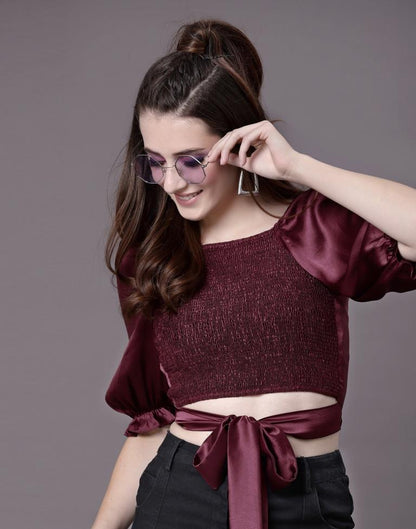 Wine Satin Smocked Top | Leemboodi