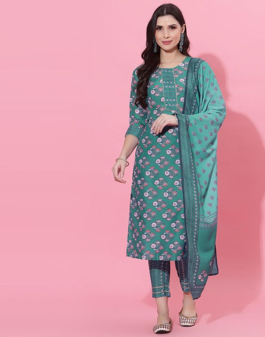 Rama Green Kurti With Pant And Dupatta | Leemboodi