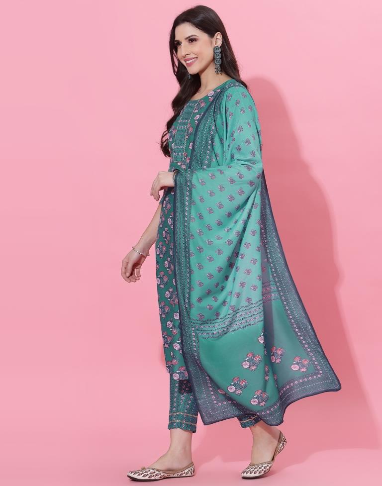 Rama Green Kurti With Pant And Dupatta | Leemboodi