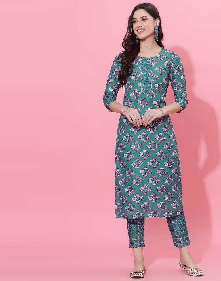Rama Green Kurti With Pant And Dupatta | Leemboodi