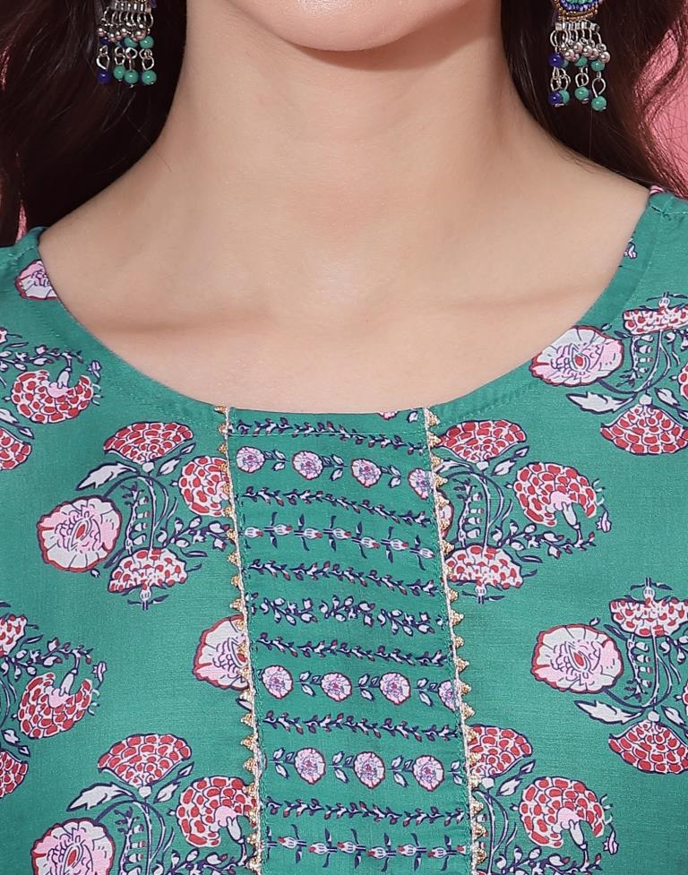 Rama Green Kurti With Pant And Dupatta | Leemboodi