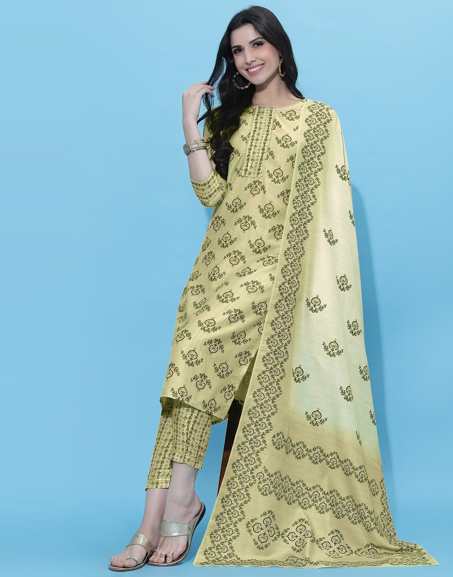 Olive Green Kurti With Pant And Dupatta | Leemboodi