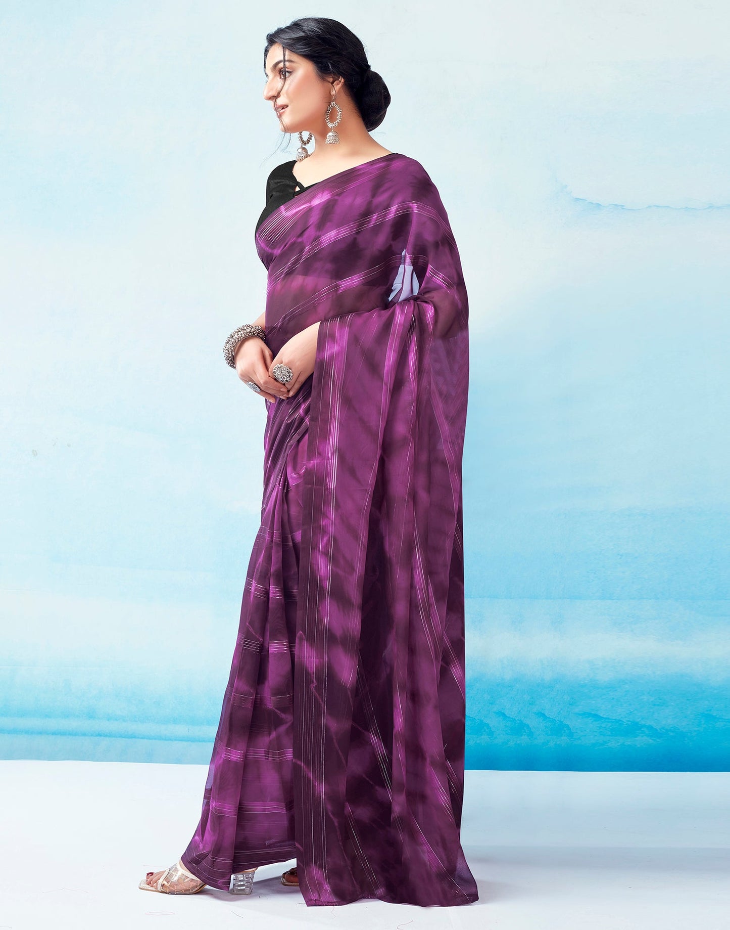 Ready to Wear Deep Purple Georgette Printed Saree