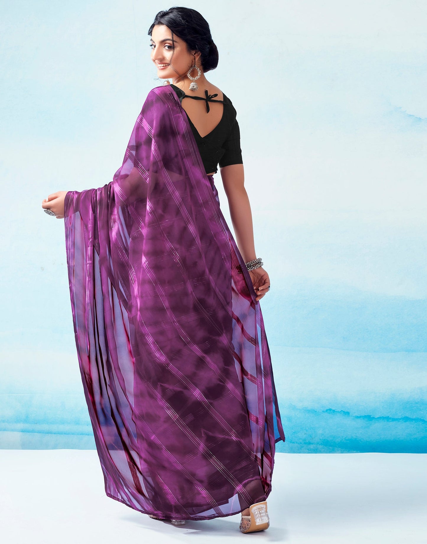 Ready to Wear Deep Purple Georgette Printed Saree