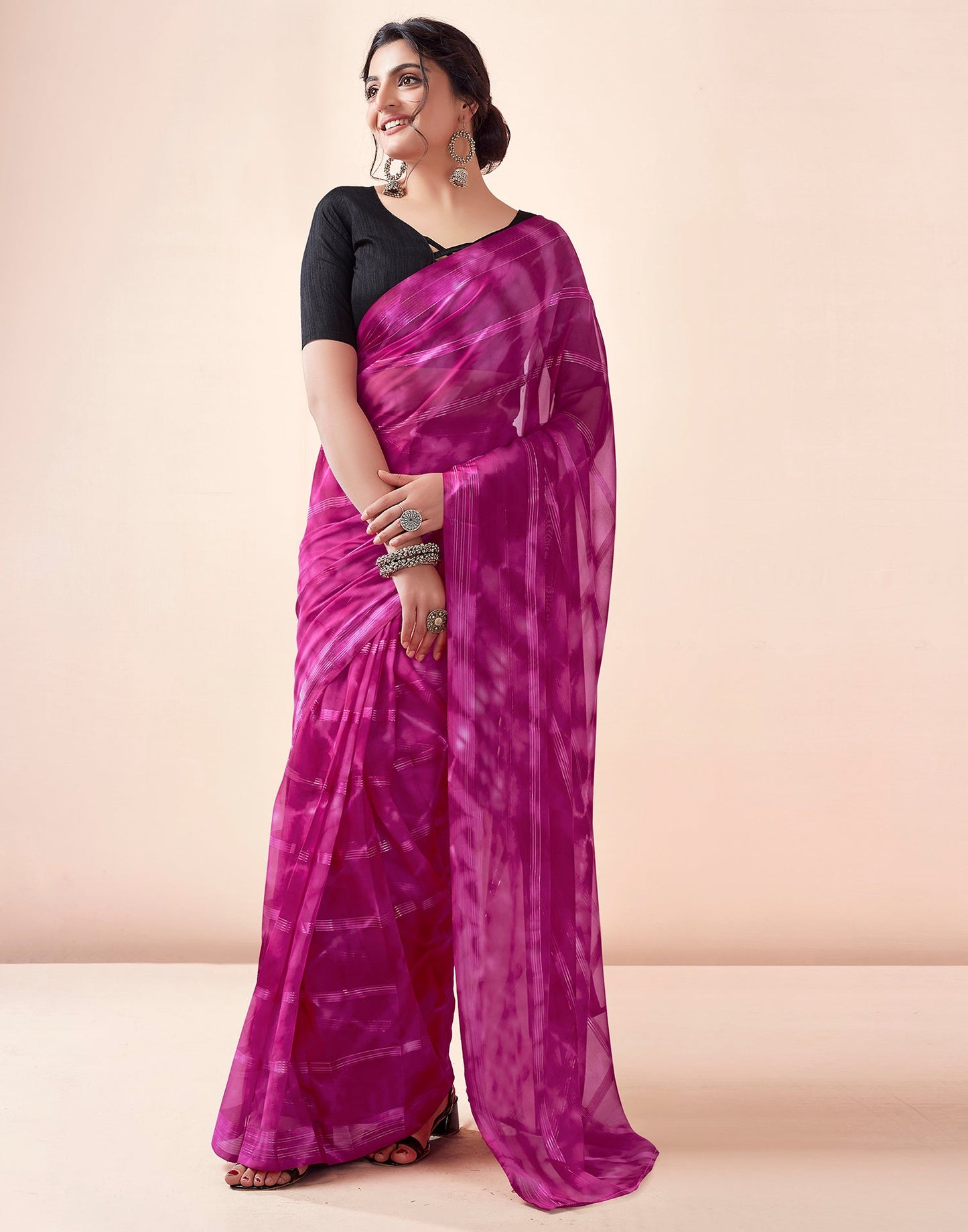 Ready to Wear Rani Pink Georgette Printed Saree