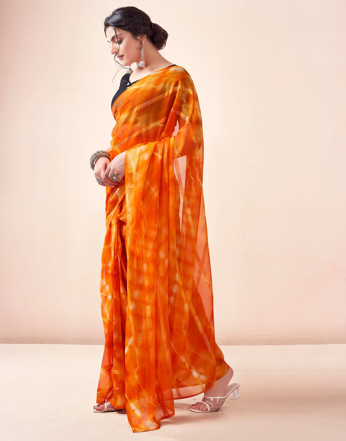 Ready to Wear Orange Georgette Printed Saree