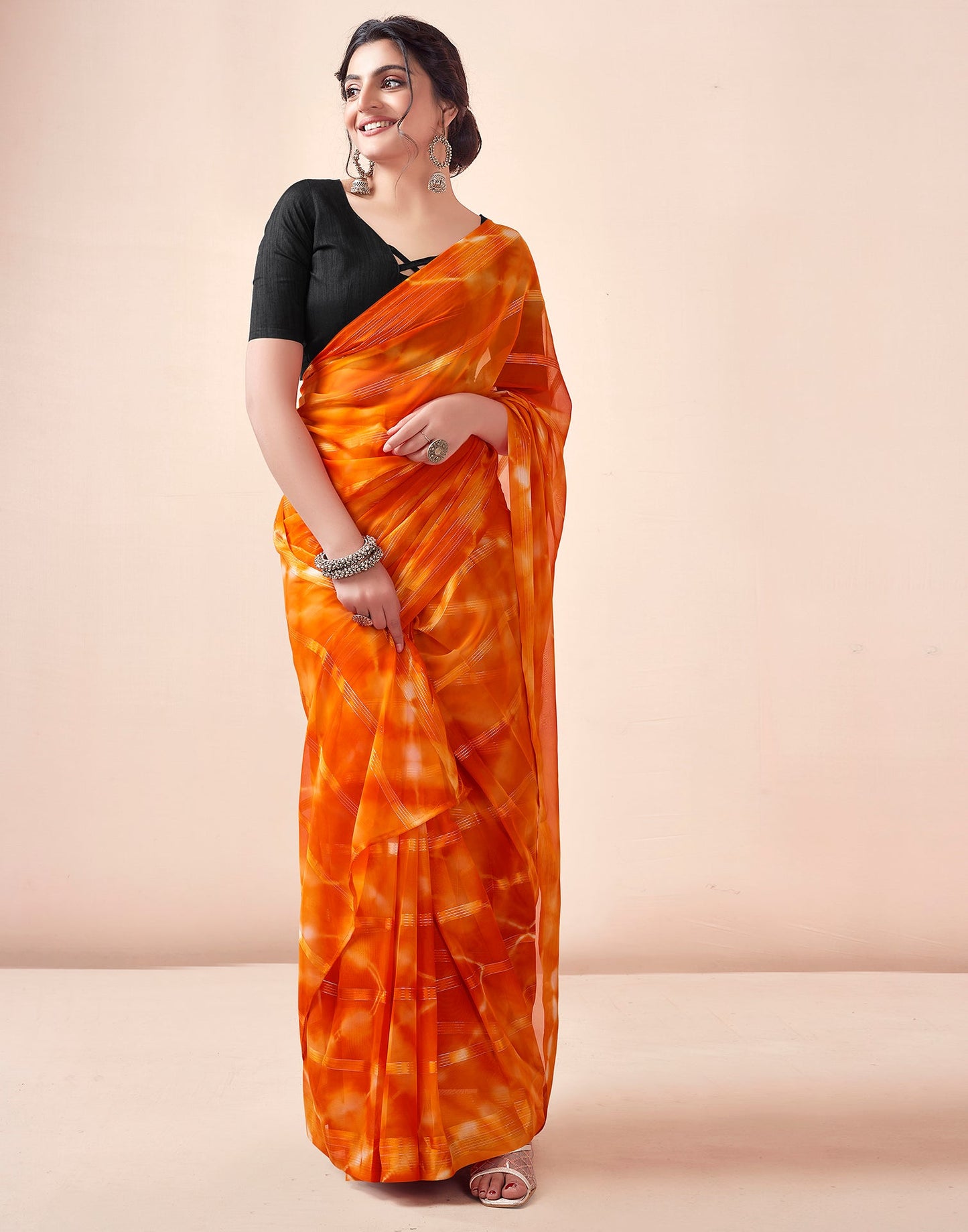 Ready to Wear Orange Georgette Printed Saree