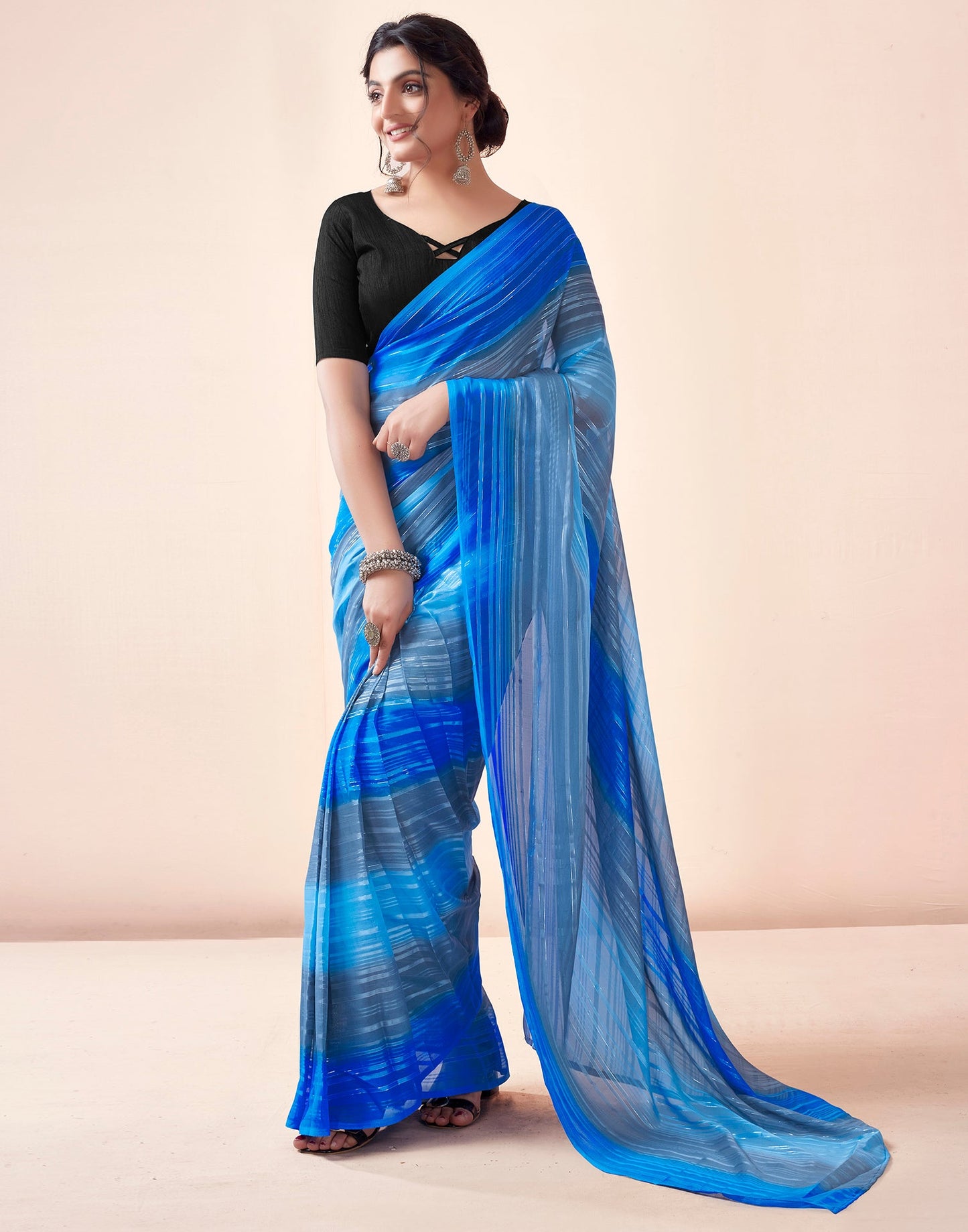 Ready to Wear Grey & Multicoloured Georgette Printed Saree