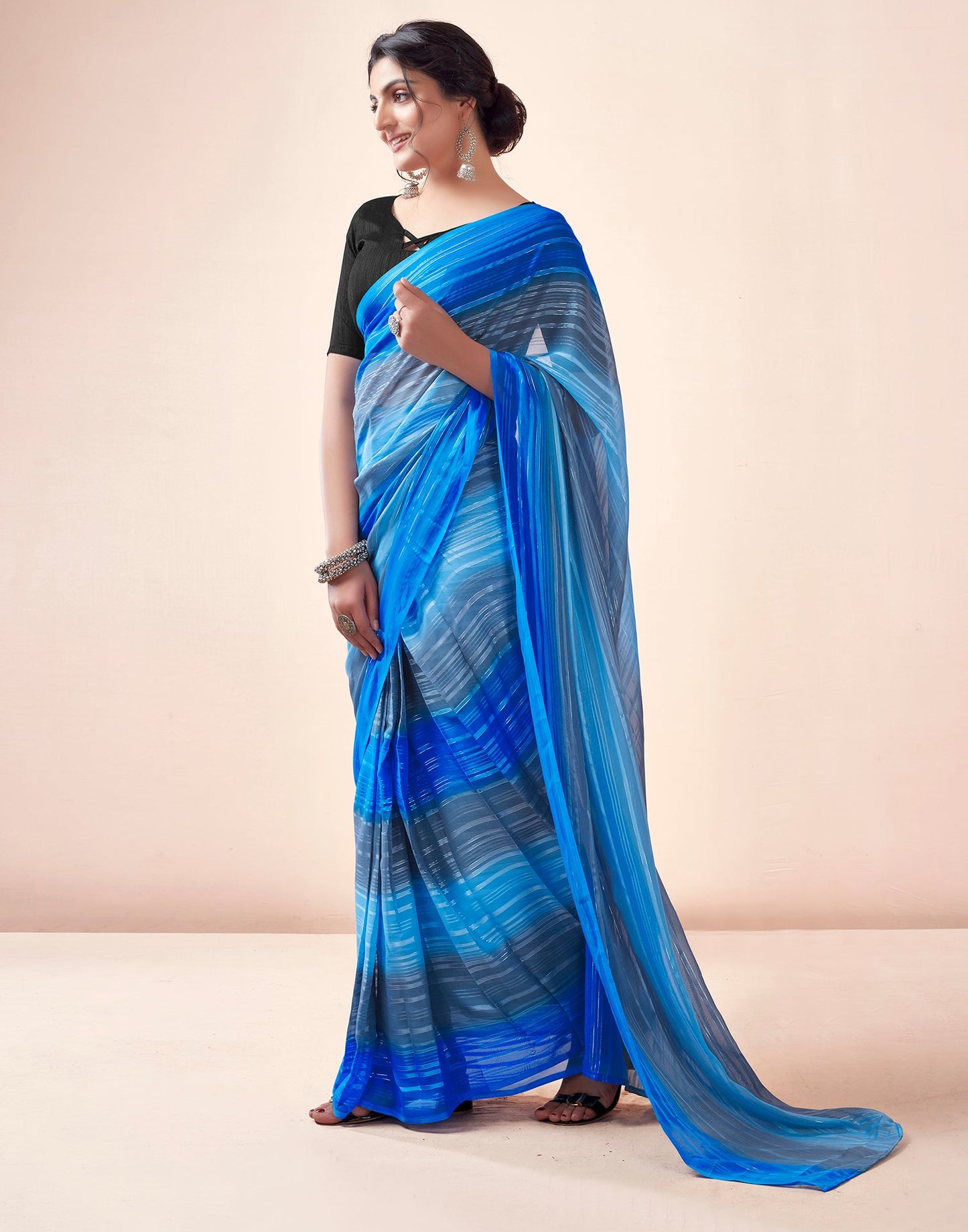 Ready to Wear Grey & Multicoloured Georgette Printed Saree