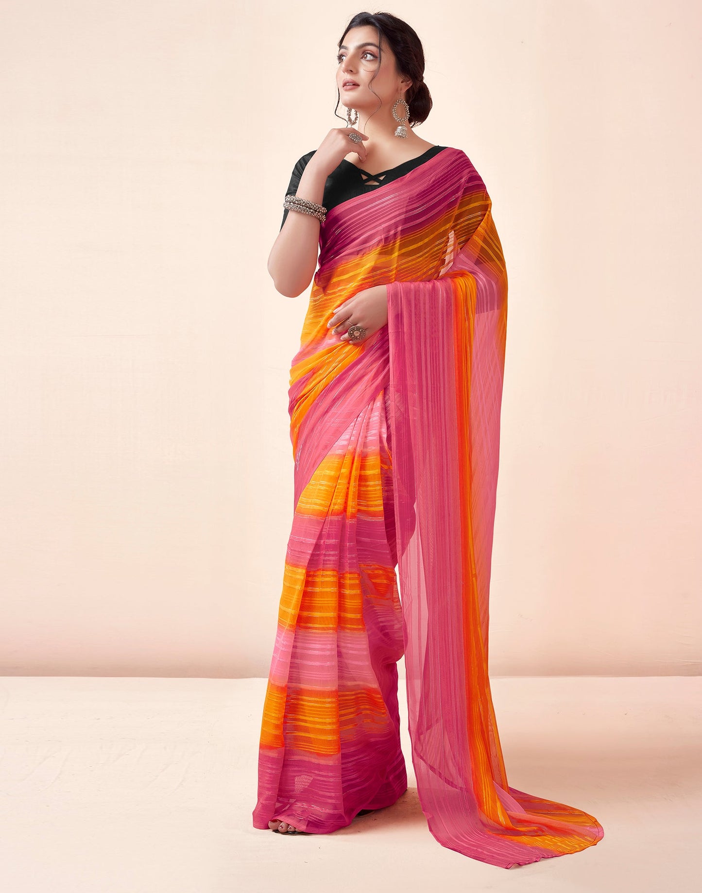 Ready to Wear Turmeric & Red Georgette Printed Saree