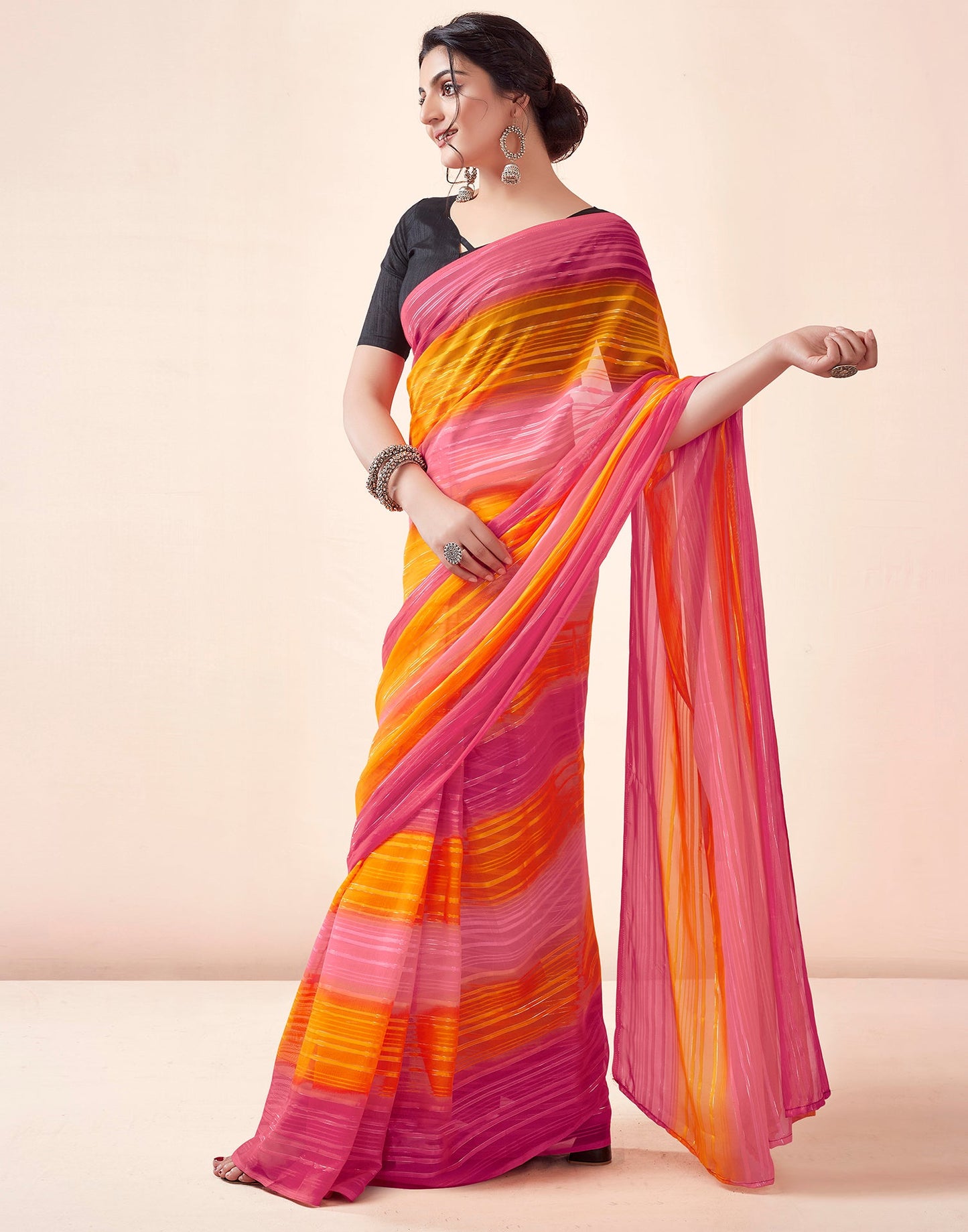 Ready to Wear Turmeric & Red Georgette Printed Saree