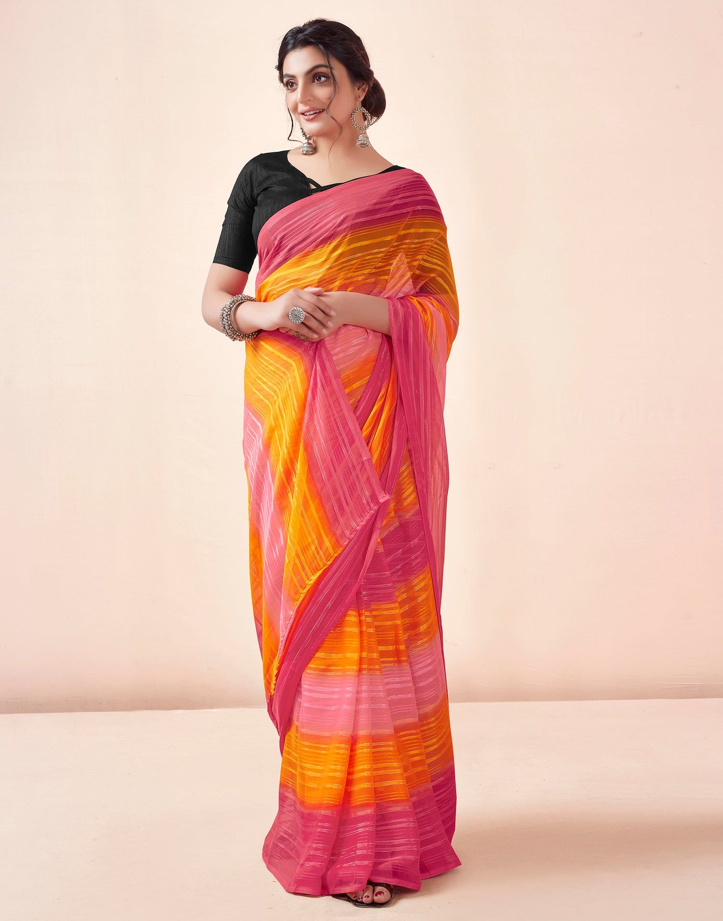 Ready to Wear Turmeric & Red Georgette Printed Saree