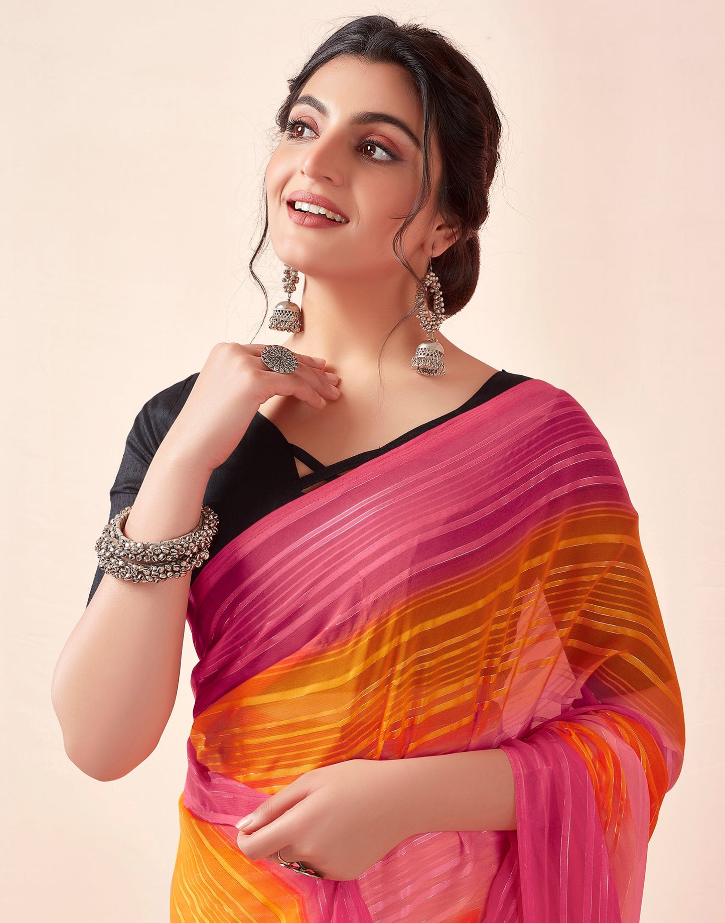 Ready to Wear Turmeric & Red Georgette Printed Saree