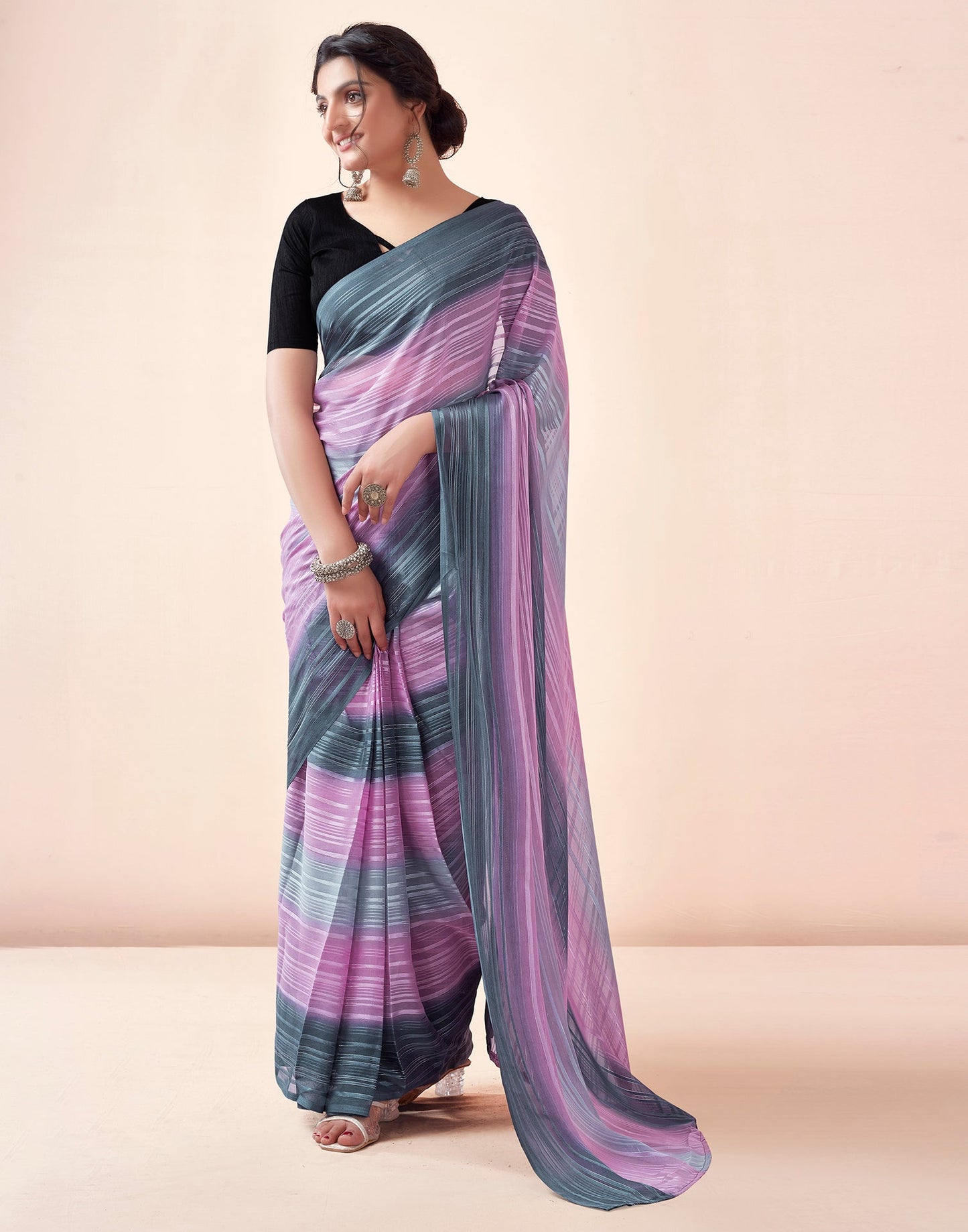 Ready to Wear Grey& purpal Georgette Printed Saree