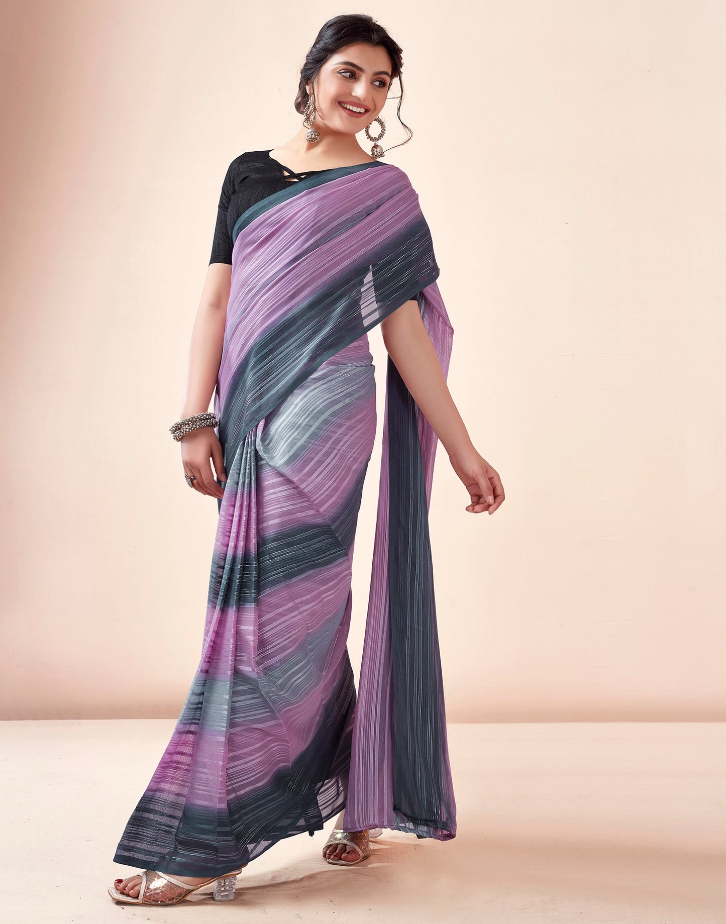 Ready to Wear Grey& purpal Georgette Printed Saree